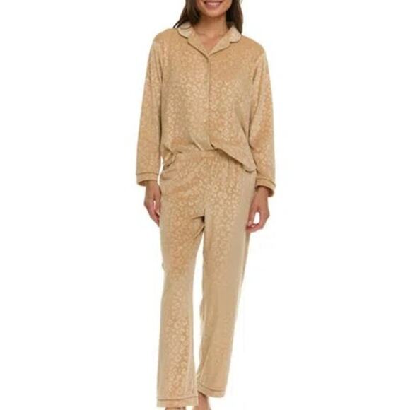 Flora Nikrooz L Velour Pajama Set Camel Tan Animal Print Soft Knit Pants Top NEW - Picture 1 of 8